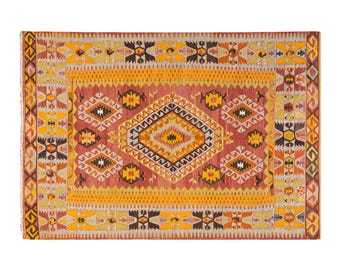 Vintage Turkish Kilim Rug, Handwoven Wool, Geometric Medallion, 6x9.7 ft