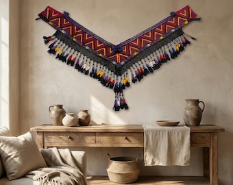 Vintage Silk Wall Hanging, Handwoven V-Shaped Tribal Textile, Colorful Bohemian Wall Decor, Ethnic Fiber Art