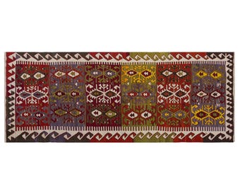 Vintage Handwoven Wool Kilim, 5x12 Oversized Anatolian Rug