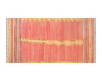 Vintage Turkish Kilim Rug, Sunset Coral and Apricot, Handmade Wool (3.8 x 8 ft)