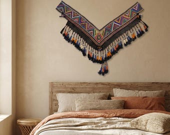 Vintage Silk Wall Hanging, Handwoven V-Shaped Tribal Textile, Colorful Bohemian Wall Decor, Ethnic Fiber Art