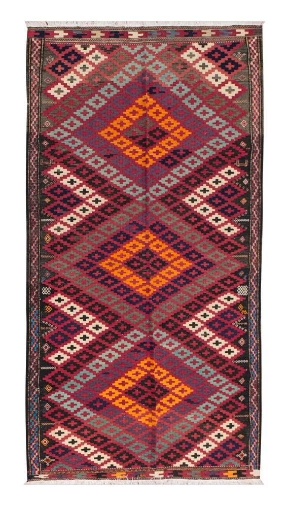 ヴィンテージ クルド キリム ラグ、手紡ぎウール、天然染料 (5x8'8 ft