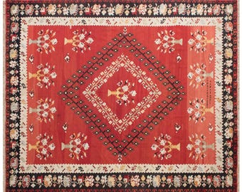 カラバフの花、ヴィンテージ刺繍キリム、4.2 x 7.1フィート