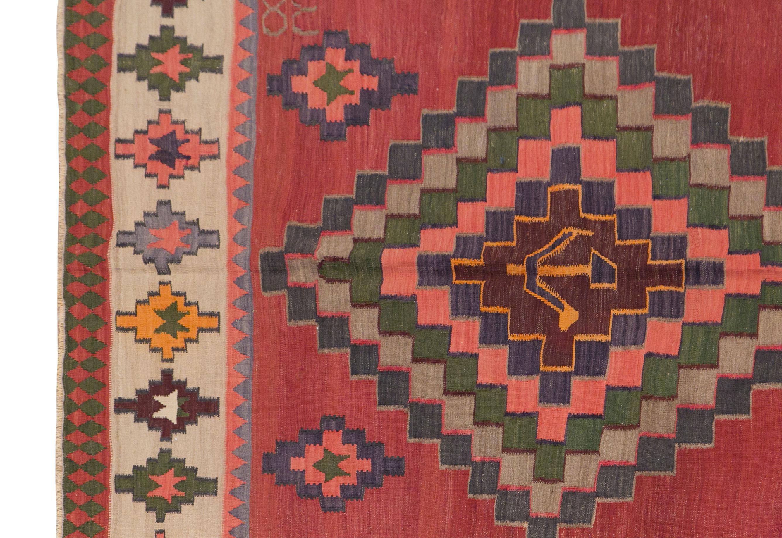 ヴィンテージ コーカサス キリム、177 x 315 cm、6 x 10'4 フィート