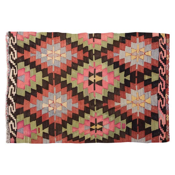 Vintage Konya Kilim Rug, Turkish Wool Tribal Carpet, Radiating