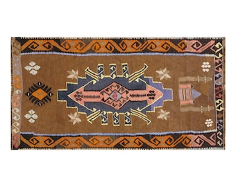 Vintage Turkish Kars Rug, Earthy Brown Medallion, 4.10 x 5.10 ft
