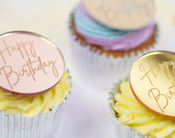 Adornos acrílicos para cupcakes con texto "Feliz cumpleaños", adornos grabados con texto "Feliz cumpleaños"