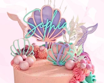 Mermaid Clam Shell Cake Topper - Personalised Name - Sea Theme Acrylic Mini clams