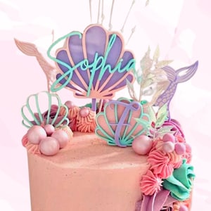 Mermaid Clam Shell Cake Topper - Personalised Name - Sea Theme Acrylic Mini clams