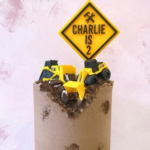 Personalised Construction Cake Topper  - Childrens Birthday Digger Yellow Cake Tractor Name Age Warning Sign - Name and Age