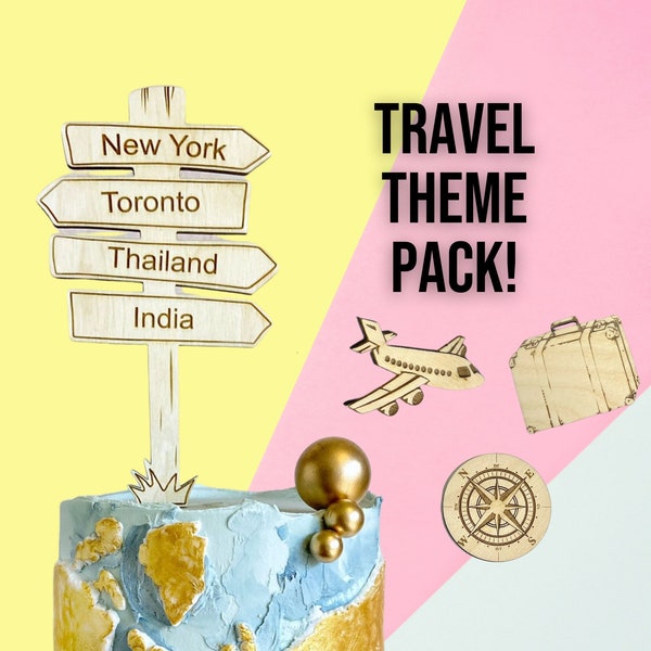 Paquete de accesorios para tartas temáticas de viaje, maleta de avión de madera, letrero de país, abalorios para tartas, letrero de madera en todo el mundo, viajero que sale de casa