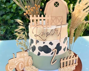 Farm Yard Barn Theme Cake Topper Set - Picket Fence, Tractor, Name Cake Charm Age Number - Wooden Farmyard Personalised