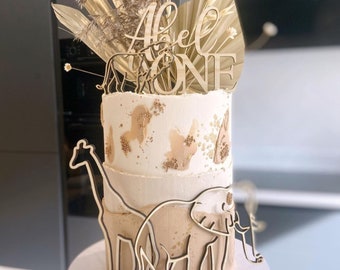 Personalised Animal Safari Jungle Line Theme Cake Topper - Name Cake Charm Age Number - Wood Lion Elephant Giraffe