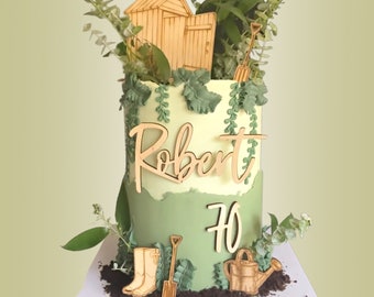 Gardening Theme Cake Topper - Name Cake Charm Age Number - Spade Shed Watering Can Wellington Boots | Retirement Golden Birthday