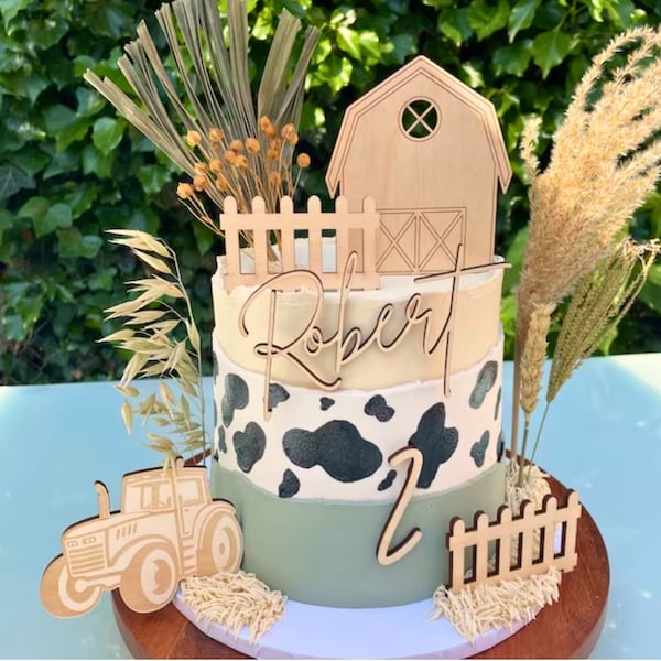 Farm Yard Barn Theme Cake Topper Set - Picket Fence, Tractor, Name Cake Charm Age Number - Wooden Farmyard Personalised