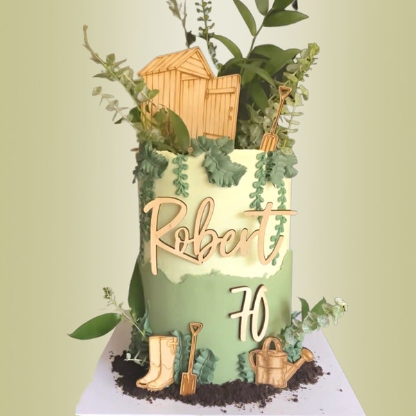 Gardening Theme Cake Topper - Name Cake Charm Age Number - Spade Shed Watering Can Wellington Boots | Retirement Golden Birthday