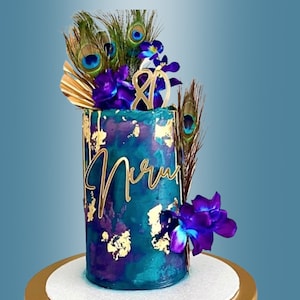 Personalised Birthday Cake Charm Acrylic Topper - Mirror Gold Silver Wood Party Any Words Any Age or Name 50 different colours
