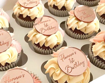 Disco acrílico grabado personalizado, disco acrílico personalizado, disco para decoración de cupcakes, disco dorado para tartas, rosa dorada y plateada