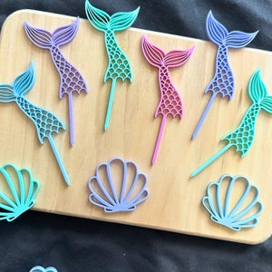 Mermaid Theme Tails and Clams Cake Toppers | Mermaid Party | Sea Theme Baking | Mermaid Cake | Clams | Acrylic