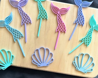 Mermaid Theme Tails and Clams Cake Toppers | Mermaid Party | Sea Theme Baking | Mermaid Cake | Clams | Acrylic