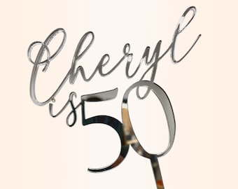 Acrylic 50th Birthday Cake topper with name, Age 50 cake topper, gold mirror cake decorations