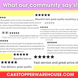 May include: Five-star reviews for cake toppers. The reviews highlight the quality, design, and fast delivery of the cake toppers. The text "What our community say's!" is at the top of the image. The website address "CAKETOPPERWAREHOUSE.COM" is at the bottom of the image.