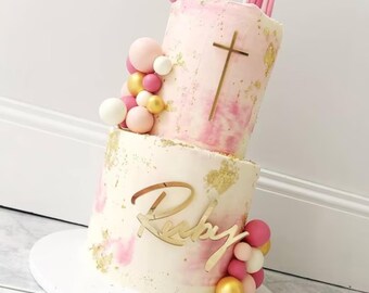 Adorno para tarta con nombre y cruz, personalizado, dorado, plateado, rosa y negro, crucifijo, dije de cruz fina