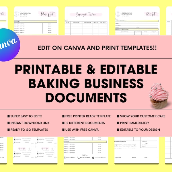 Cake Business Document Bundle,  Start Up Baker, Editable Baking Invoices, Order Forms, Financial Documents,  Bakery Business Forms