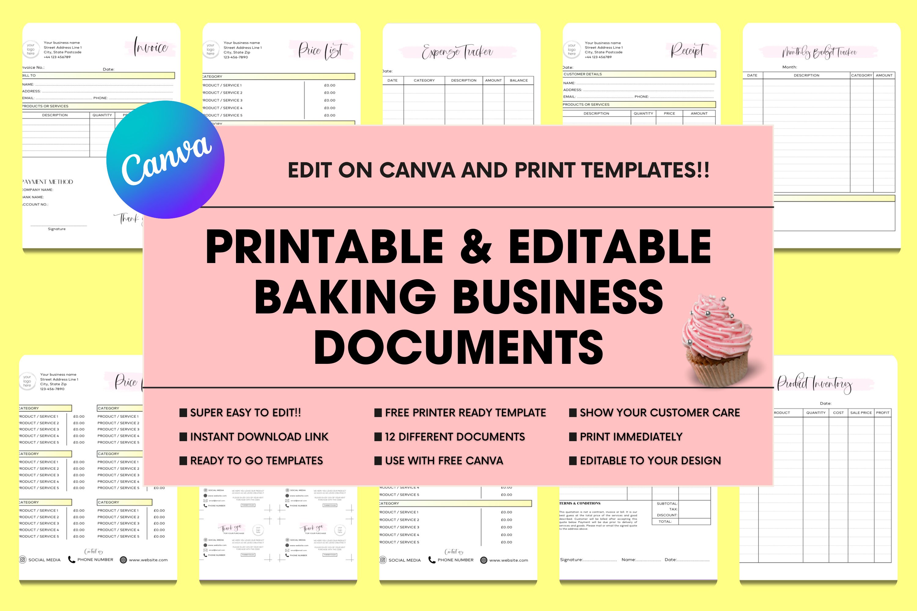 Cake Business Document Bundle,  Start Up Baker, Editable Baking Invoices, Order Forms, Financial Documents,  Bakery Business Forms