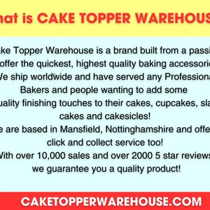 May include: A blue and white text graphic with the words "What is CAKE TOPPER WAREHOUSE?" and a description of the company's services. The text includes the company's website address, "CAKETOPPERWAREHOUSE.COM".