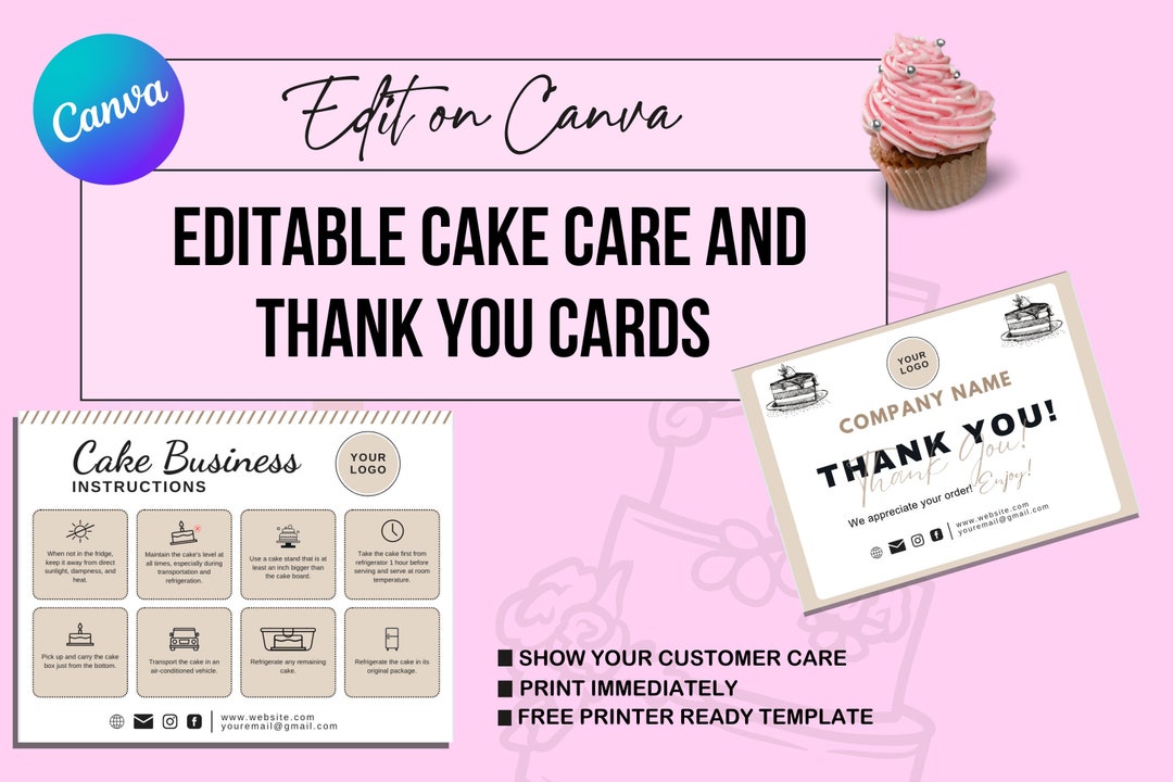 Cake Business Thank You Cards and Cake Care Cards, Cake Instruction ...