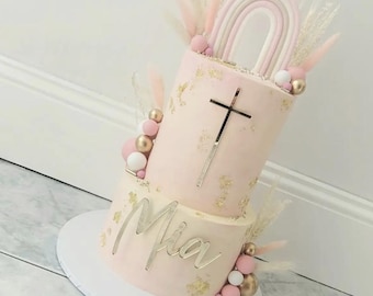 Adorno para tarta con cruz acrílica personalizada y nombre, para bautizo o bautismo.
