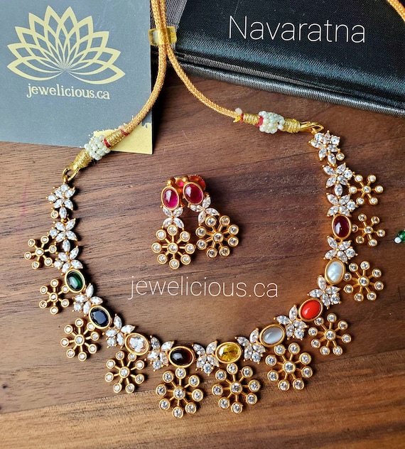 Buy Gold Navratan Pearl Drop Necklace Set with Earrings For Women – Sonoor
