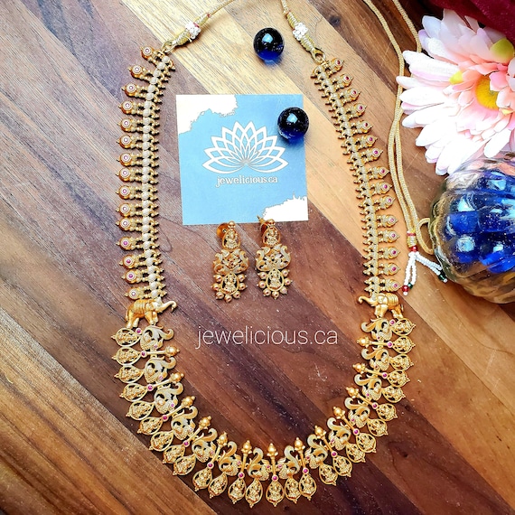 Matt Gold Gaja Lakshmi Temple Short Haram With Earrings Etsy