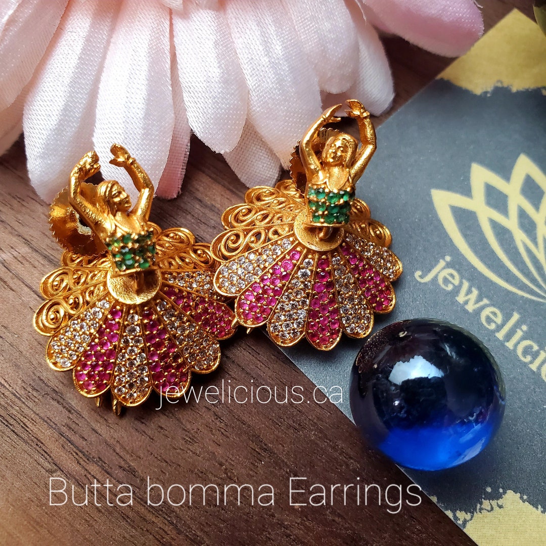 Matt Gold Finish AD Stone Buttabomma Jumka (white, Red, Green