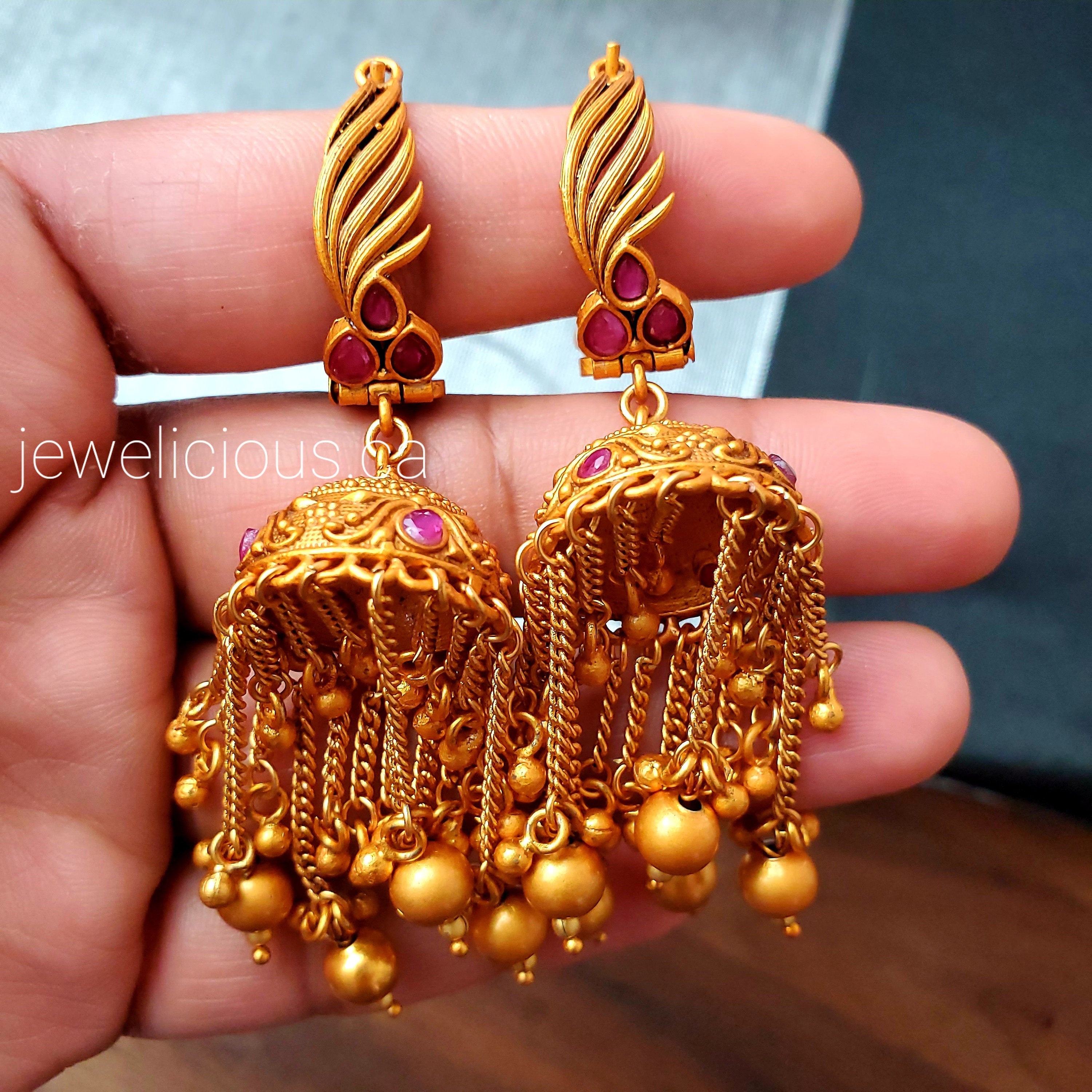 Full Matt AD Stone Jumka With Brass Pearl Chain Hangings - Etsy