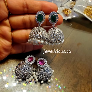 Silver Finish AD Stone Jhumkas with kemp stones