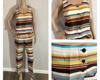 Vintage 70s Striped Pantsuit Vest and Pants - Handmade Tailored - Rainbow Stripes - One of a Kind Unique