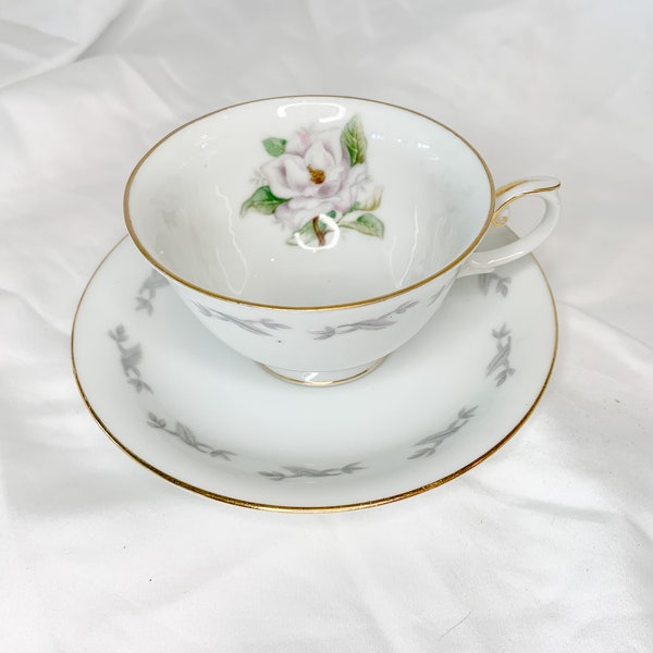 Yamaka Rosalinda Teacup & Saucer Set Vintage  - Gray Floral - Gold Rim