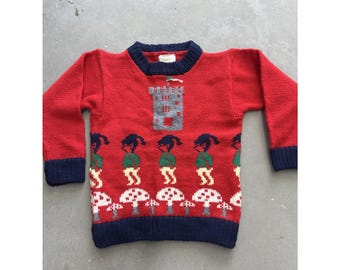 Vintage Kids Elf Mushroom Castle Elf Sweater Made In Ireland Size 5+