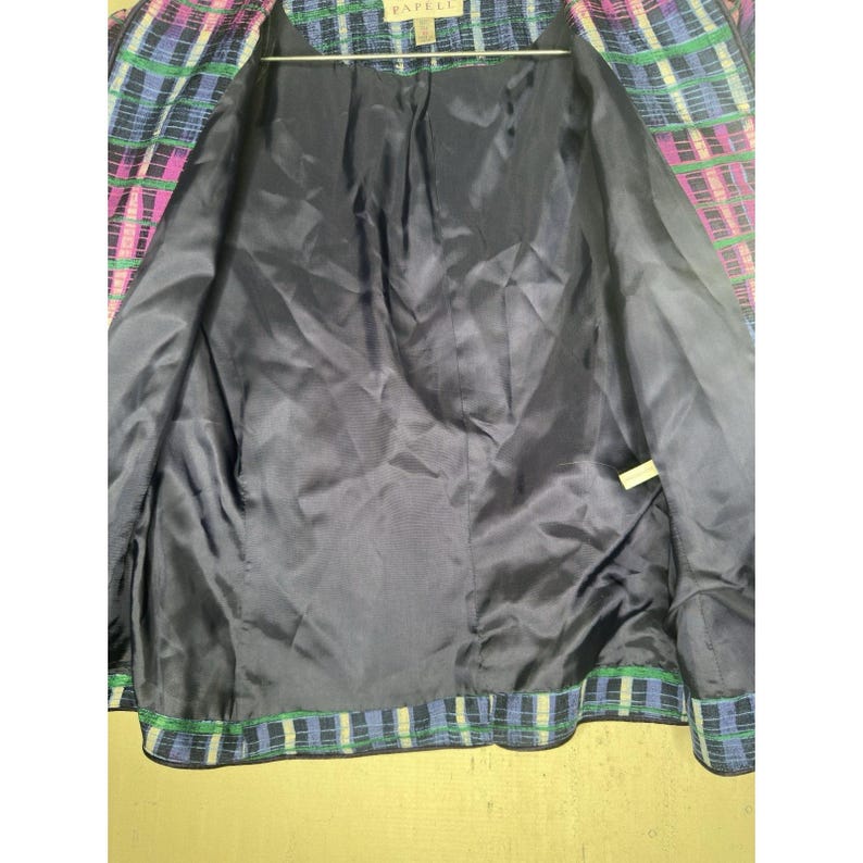 Bluzka vintage Adrianna Papell w paski, wielokolorowa, z jedwabiu, zapinana na guziki, rozmiar: 10 zdjęcie 12