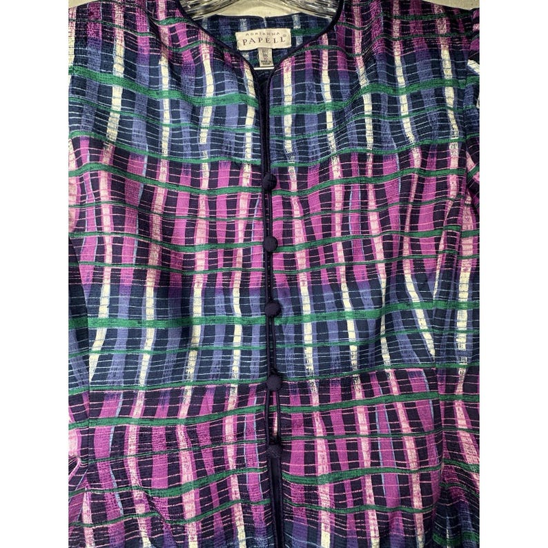 Bluzka vintage Adrianna Papell w paski, wielokolorowa, z jedwabiu, zapinana na guziki, rozmiar: 10 zdjęcie 4