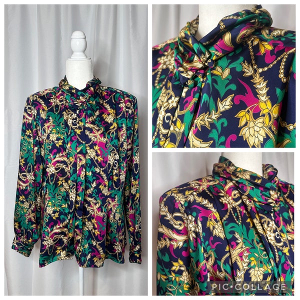 Vintage Barock Bluse von Christie und Jill - Polyester Perlen Blumenmuster - Bunte Paisley Vintage Langarm Bluse zum Knöpfen