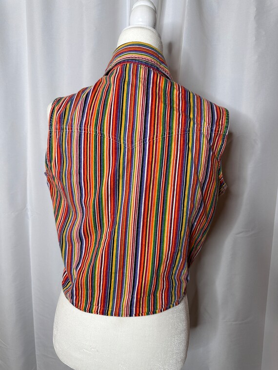 Vintage Rainbow Striped Sleeveless Tie Button Up … - image 6