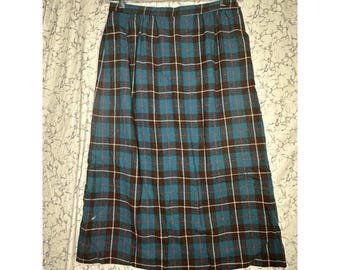 Vintage Pendleton Virgin Wool Blue Brown Plaid Tartan Maxi Skirt - Waist 28"