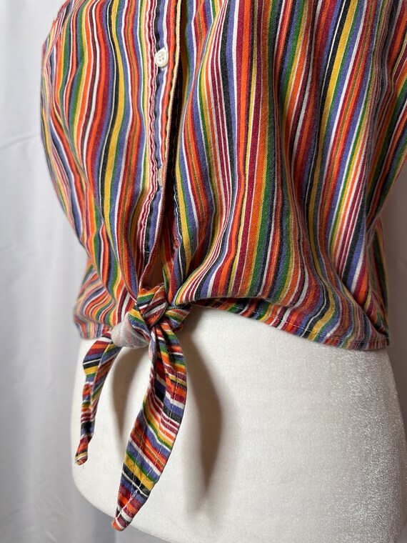 Vintage Rainbow Striped Sleeveless Tie Button Up … - image 4