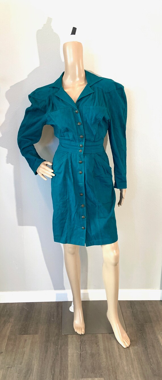 Vintage Teal Midi Button Down Dress 80s - Karen Al
