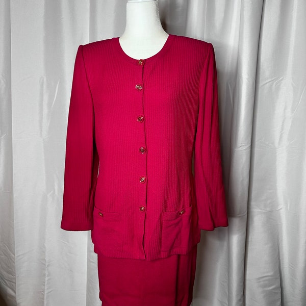 Vintage St. John by Marie Gray Raspberry Pink Full Knit Cardigan Skirt Suit 1980s Barbie
