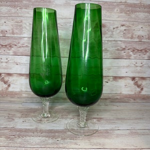 Vintage 60s Empoli Italian Glass Emerald Green Pedastal Drinking Glasses - Set of 2 - Ruffled Edges - Vintage Barware. Vintage Italian Glass