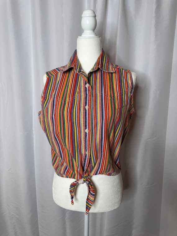 Vintage Rainbow Striped Sleeveless Tie Button Up … - image 2